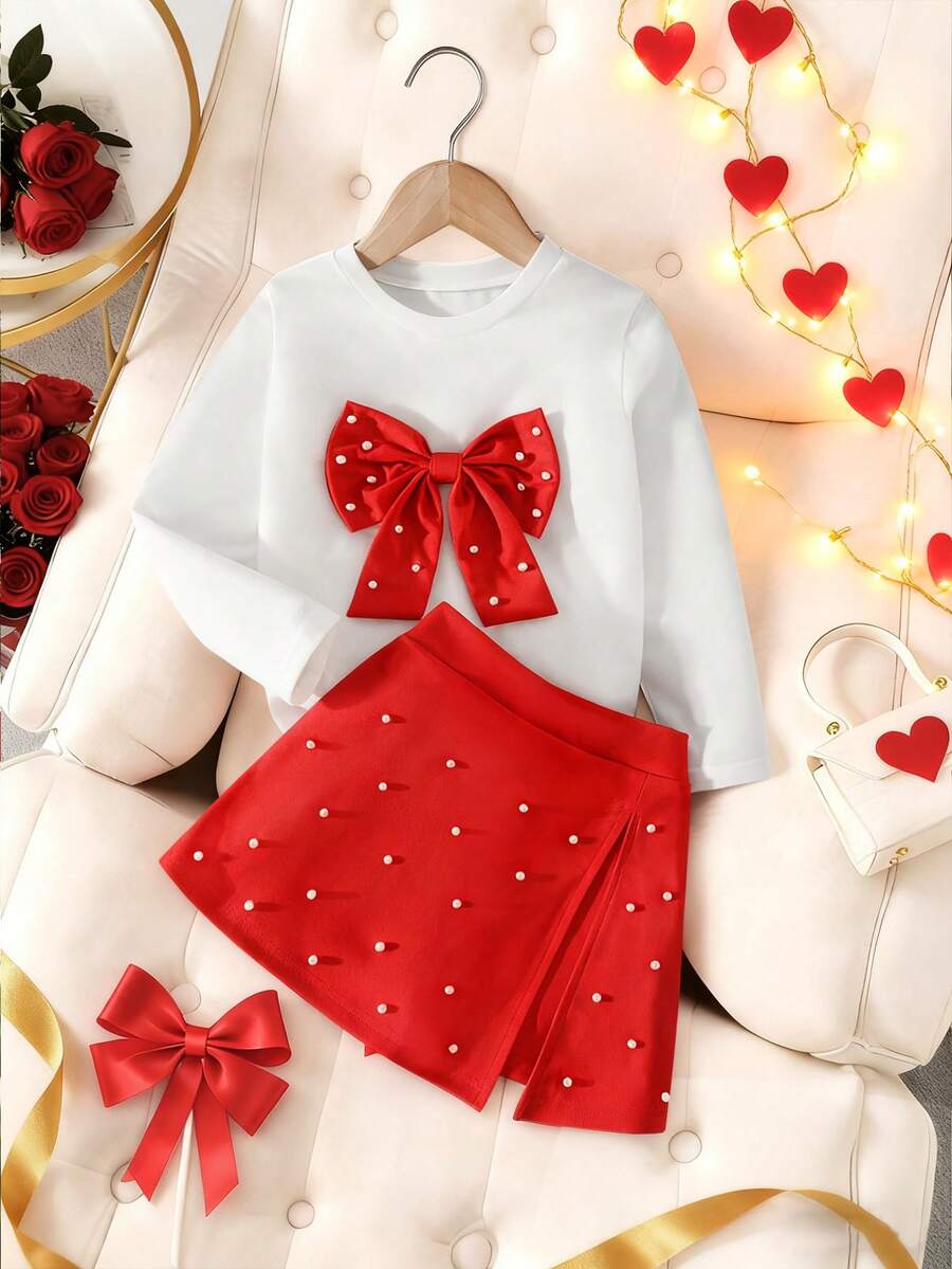 Elladie kids Dziewczęca koszulka z okrągłym dekoltem i długim rękawem, z kokardą i perłowym wzorem, z krótkimi spodenkami i wysokim stanem, z perłowym wzorem, strój na powrót do szkoły, odpowiedni na święta i Boże Narodzenie, w kolorze czerwonym