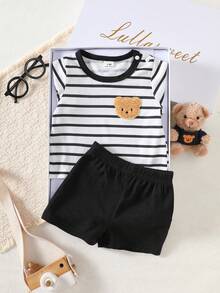 SHEIN 新生儿短袖套装，黑白条纹男婴T恤两件套，婴儿小熊刺绣夏季新品 - 黑色 - 查看 8