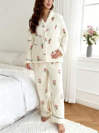 Moonlight & Mama 女士浪漫郁金香印花舒适V领开衫长裤孕妇睡衣套装，秋冬款