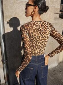 Maija 女士豹纹圆领长袖扭结前襟修身上衣，秋季时尚百搭，适合圣诞节、新年等场合，棕色豹纹上衣 - 彩色 - 查看 5