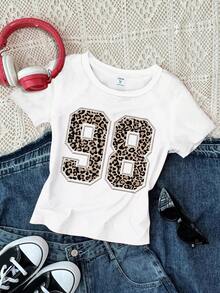 SHEIN 3pcs/Set Teen Girl Casual Minimalist Tight Fit Round Neck Short Sleeve High Waist Cropped Regular T-Shirt, Street Graphic, Retro Sporty Leopard Print Number 98 58 City Letter Pattern, White, Black, Dark Grey, Suitable For Summer, Street, Campus, Outdoor, Casual - Multicolor - View 5