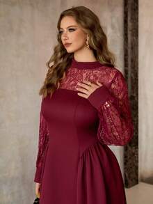 Roveilla Đầm Maxi Tay Dài Cổ Tròn Phối Ren Cỡ Lớn Mùa Xuân, Thu & Đông Phong Cách Pháp Lãng Mạn Sicily Thanh Lịch Thường Ngày Đi Làm Kỳ Nghỉ Trà Chiều Giáng Sinh Sang Trọng Tiệc Tùng Màu Trơn Ren Chắp Vá Cổ Tròn Cổ Đứng Khoét Rỗng Eo Xòe Viền Tay Dài - Đỏ - Xem 5