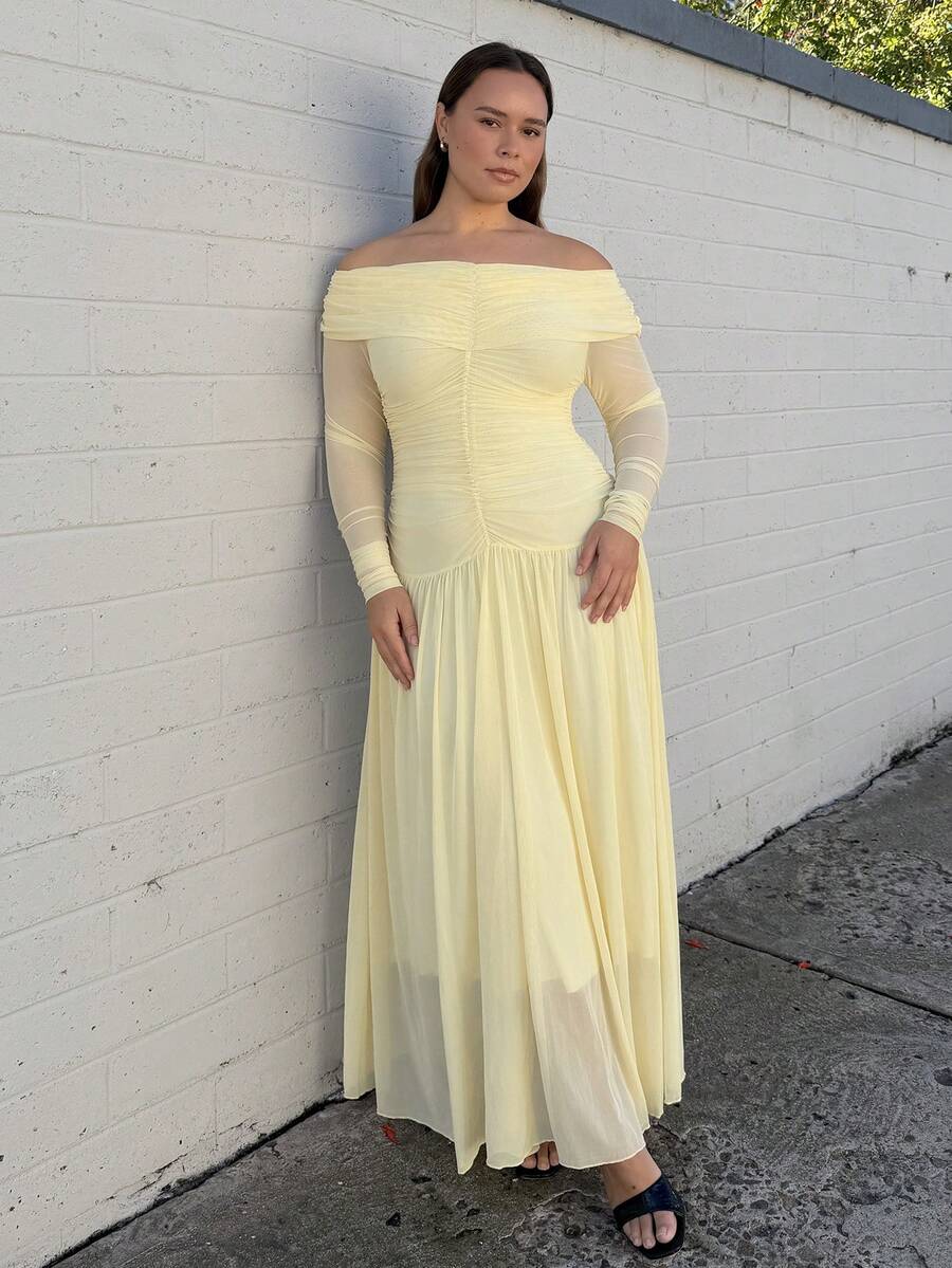 Nezia Cruz 大码女式新款露肩长袖露背修身褶皱长袖H型连衣裙 - 黃色 - 查看 1