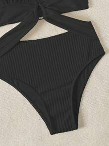 Swim Vcay 2026 Spring/Summer Solid Black & Silver Circular Ring Halter Deep V-Neck Sexy Backless Crop Top Bikini Swimsuit - Black - View 7