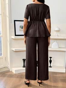 SHEIN Bộ 2 áo thun tay ngắn rộng rãi màu trơn đơn giản dành cho bà bầu và quần dài - màu nâu - Xem 7