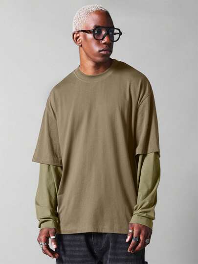  SUMWON 男士双层长袖T恤，叠层设计，圆领，休闲日常上衣，街头时尚，舒适合身，纯色