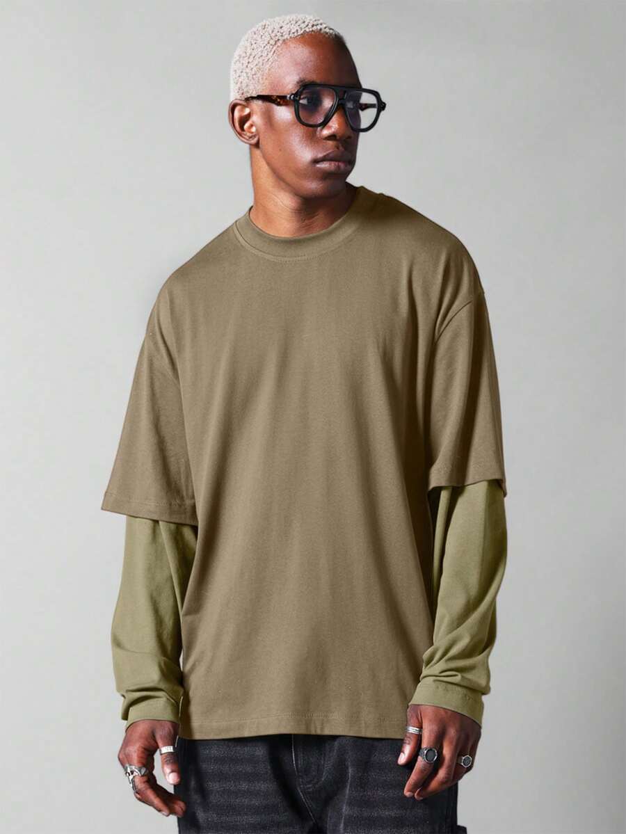 SUMWON 男士双层长袖T恤，叠层设计，圆领，休闲日常上衣，街头时尚，舒适合身，纯色 - 彩色 - 查看 1