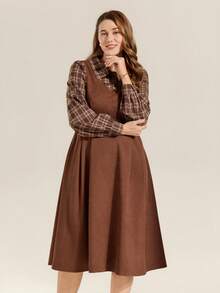 Momelise Plus Size Multicolor Plaid Collar Long Sleeve A Line Knee Length Casual Woven Fabric Dress With Pockets - Multicolor - View 7
