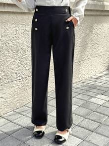 SHEIN Tween Girl British-Style Casual Gold Button Decorations And An Elastic Waistband At The Back Wide-Leg Casual Pants, It Is Well-Suited For Daily Commuting