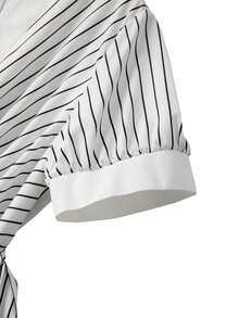 GlowEve CURVE Fashionable Casual French Retro Elegant Commuting Striped Bow Tie Blouse - White - View 3