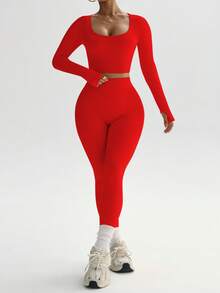 Slayform Women's Solid Color Minimalist Seamless Elastic Sports Set - Red - View 7