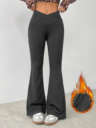 SHEIN PETITE Women's Basic Velvet Autumn And Winter Warm V-Shaped Waist Flared Leggings Bell Bottom Pants V-Waist Pants Black Warm Leggings Black Flare Pants