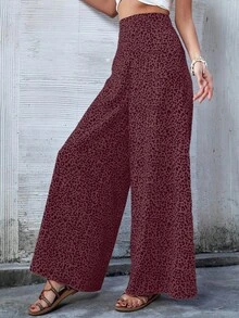 Breezaya Pantalones casuales de cintura alta con estampado de leopardo y ajuste holgado y versátil - Burdeos - Ver 6