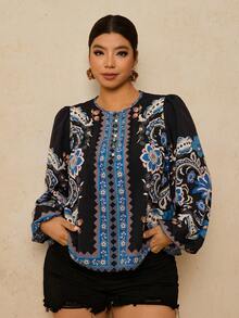 Travachic Áo sơ mi dài tay họa tiết hoa Bohemian cổ điển thường ngày cỡ lớn - màu đen - Xem 5