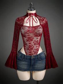 SHEIN ICON Lace Sheer Square Neck Criss-Cross Tie Flare Sleeve Women Bodysuit - Burgundy - View 5