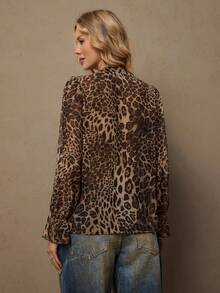 Freevana Women's Chiffon Printed Long Sleeve Shirt, Vacation Wear Leopard Print Ruffle Hem Blouse - Khaki - View 2