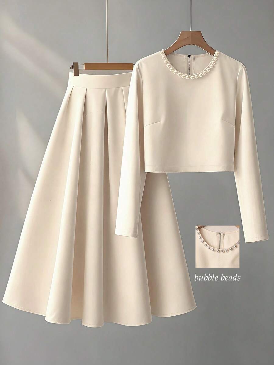Franclia Women's Solid Color Faux Pearl Decor Long Sleeve Top And Skirt Elegant Set - Khaki - View 1