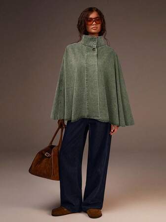 Athîral Dam enkelknäppt lös, avslappnad denimjacka med cape