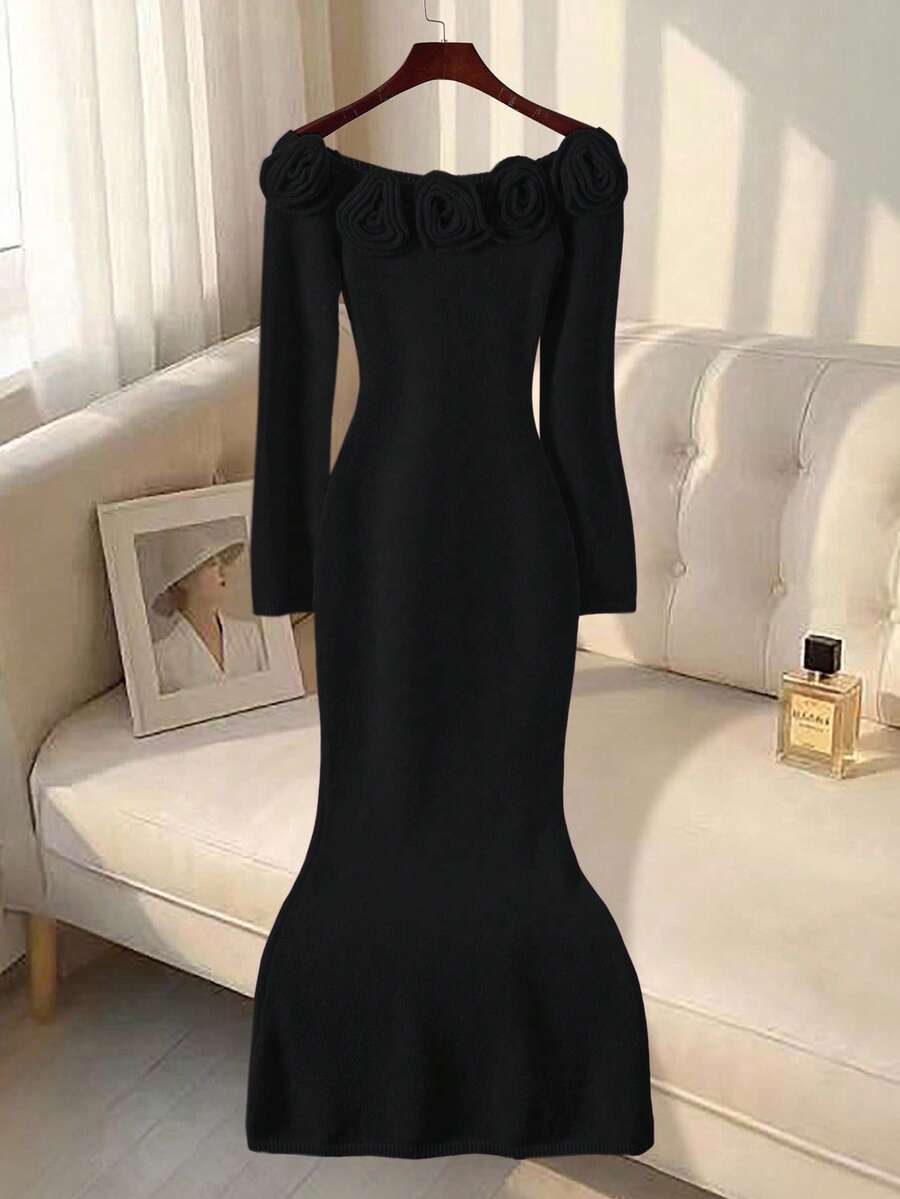 Franclia Rose Embroidered Off Shoulder Fitted Mermaid Maxi Sweater Dress, Autumn/Winter - Black - View 1
