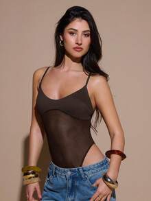 SHEIN BAE Black Sheer Mesh Patchwork Asymmetric Bodysuit, Day Of The Dead, Women Dark Brown Top - Coffee Brown - View 4