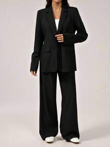 SHEIN Tall Bộ vest quần dài tay rộng rãi họa tiết màu đen tối giản dành cho nữ trẻ, phong cách cơ bản thường ngày khi đi làm - màu đen - Xem 3