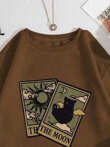 INAWLY 猫和字母图案保暖衬里运动衫，长袖上衣 - 咖啡棕 - 查看 3