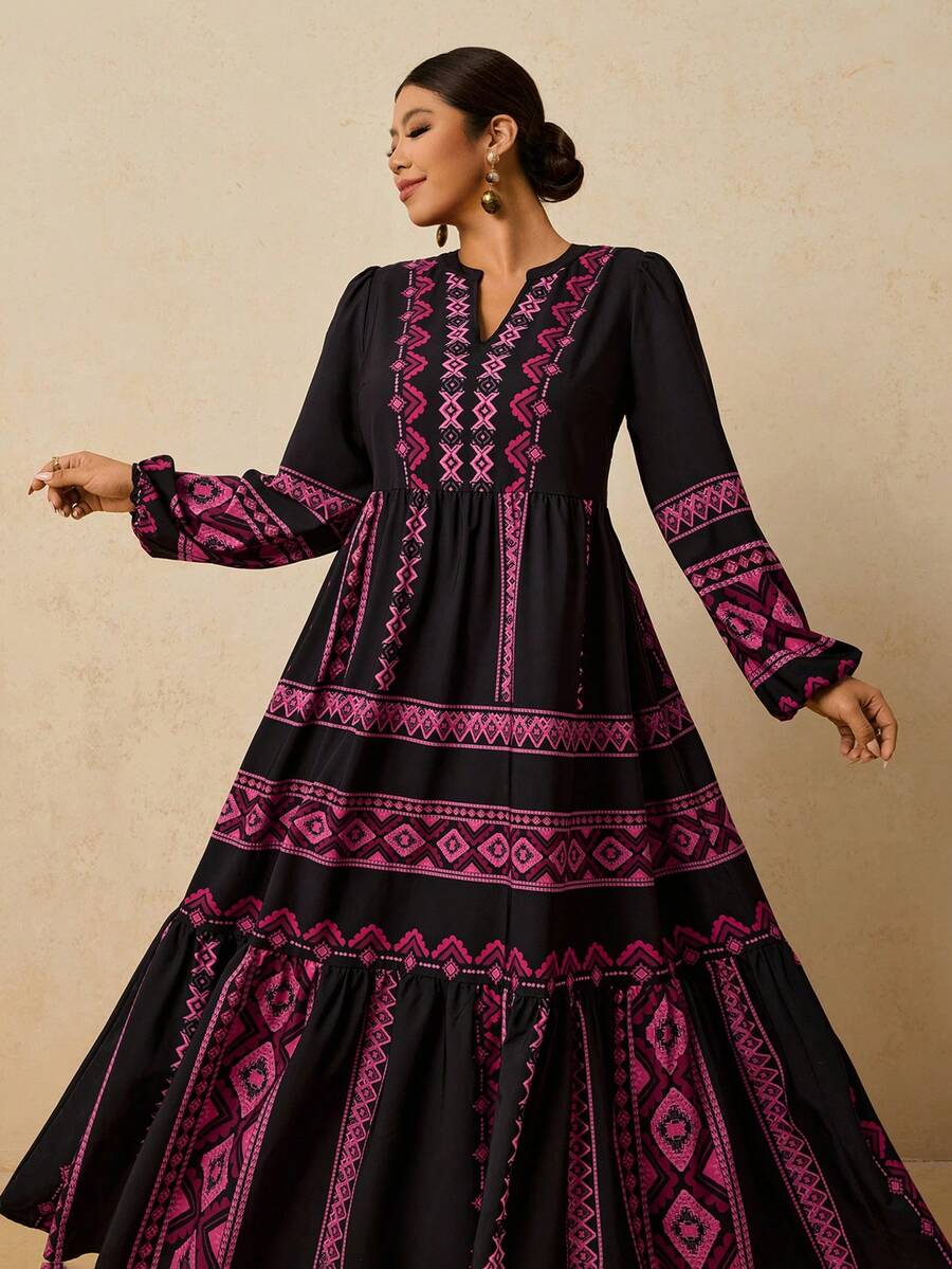 Travachic Váy dài tay họa tiết hoa và sọc Bohemian cỡ lớn dành cho nữ, phong cách thường ngày ngày lễ, mùa thu/đông - màu đen - Xem 1