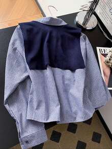 Franclia 通勤简约衬衫领长袖条纹腰部宽松休闲女式衬衫 蓝色条纹衬衫系带衬衫商务休闲女式衬衫领结衬衫蝴蝶结衬衫商务休闲女式衬衫航海风女式学院风女式法式水手风女式衬衫