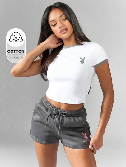 Missguided x Playboy Ringer Bunny Logo Baby Tee Casual Crop Top Workout Athletic Short Sleeve Y2K Fashion Bunny Logo Cotton Summer Stretch Fitted Retro Style Athleisure Basic Streetwear