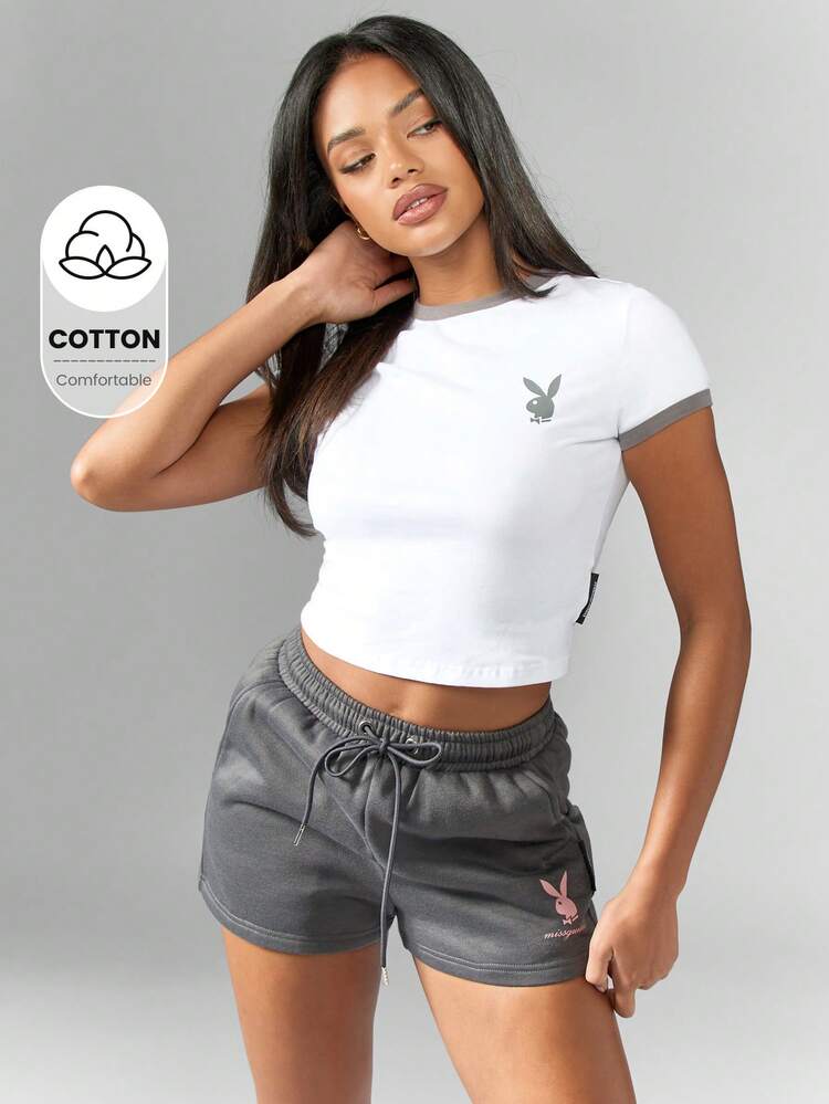 Missguided x Playboy Ringer Bunny Logo Baby Tee Casual Crop Top Workout Athletic Short Sleeve Y2K Fashion Bunny Logo Cotton Summer Stretch Fitted Retro Style Athleisure Basic Streetwear
