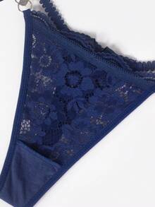 Floral Lace O-Ring Detail Bow Front G-String Sexy Lingerie Bow Tie - Navy Blue - View 6