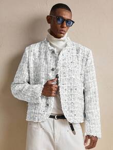 AKNOTIC Business Casual Áo khoác nam tay dài kẻ caro, cài khuy đơn giản, thu/đông - trắng - Xem 1