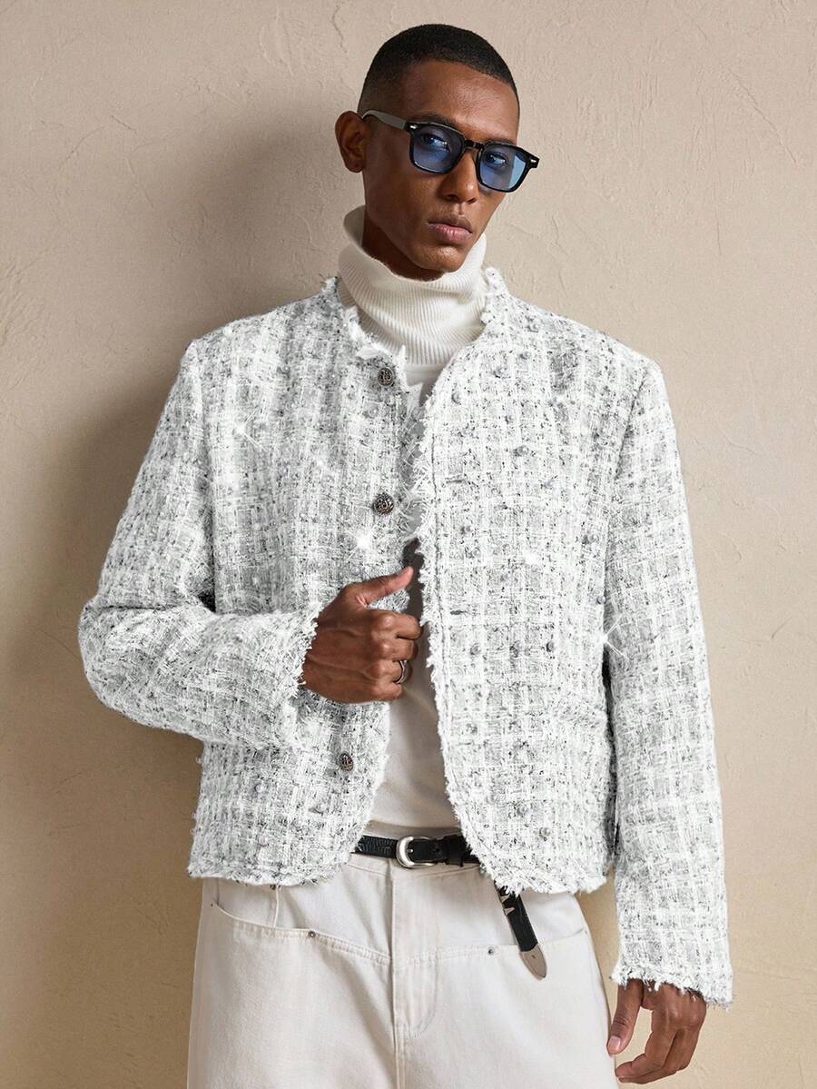 AKNOTIC Business Casual Áo khoác nam tay dài kẻ caro, cài khuy đơn giản, thu/đông - trắng - Xem 1