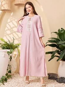 SHEIN Teen Girl Pastel Pink Autumn Casual Vacation Lace Trim V-Neck Loose Maxi Dress,Embroidered Mesh Long Sleeve Wavy Fabric Muslim Abaya Dress For School - Pink - View 5