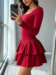 Vestido de Manga Larga con Cuello Cuadrado y Falda Doble: Estilo Romántico - Rojo - Ver 1