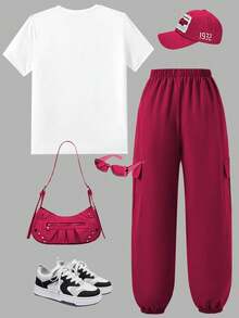 SHEIN ChillGRL Bộ 2 áo thun tay ngắn cổ tròn in họa tiết thường ngày cho bé gái tuổi teen và quần ống rộng có túi hộp, thời trang mặc hàng ngày và ngoài trời, màu xanh quân đội - Màu Hồng Tươi - Xem 2