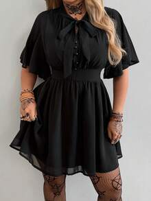 Whyspr Plus Size Solid Color Chiffon Waist Gathered A-Line Ruffle Sleeve Spring/Summer Dress - Black - View 4