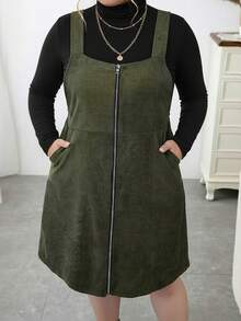 EMERY ROSE Plus Size Autumn Simple Zipper Corduroy Strap Dress - Army Green - View 4