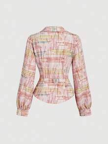 SHEIN MOD Women's Elegant Solid Color Lantern Sleeve Pleated Slit Hem Blouse, Autumn,Long Sleeve Tops - Multicolor - View 2