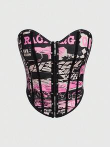 ROMWE PUNK Spring Summer Casual Graphic Red Women's Bustier Fishbone Seam Allover Print Fitted Crop Top - Multicolor - View 1