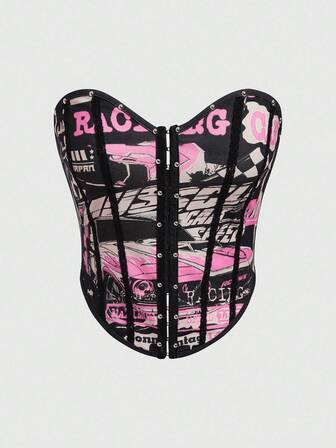 Bustier femme avec couture en arête de poisson et imprimé sur toute la surface, top court ajusté