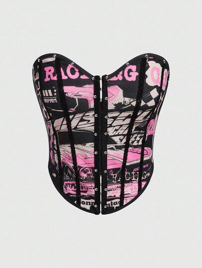 Top corto ajustado con estampado total y costuras en espina de pescado