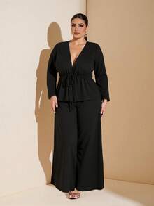 SHEIN BAE Set de 2 piese, cu mânecă lungă și legături în față, mărime plus, negru, pentru femei - Negru - Vizualizare 4