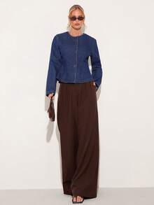 COSMINA Denim 女士纯色前扣圆领长袖牛仔衬衫，优雅牛仔上衣，通勤牛仔上衣，适合工作、日常出行、购物、约会、下午茶等场合，蓝色牛仔衬衫，春季牛仔上衣 - 藏蓝色 - 查看 4