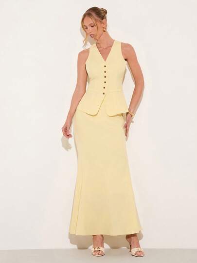 COSMINA Women's Elegant Single-Breasted Vest & Mermaid Skirt Suit Set, Sleeveless V-Neck Top And Long Skirt Suit, Yellow Ladies' Business Suit, Dark Button Contrast Color, Minimalist Style, Suitable For All Seasons, Commuting, Dating