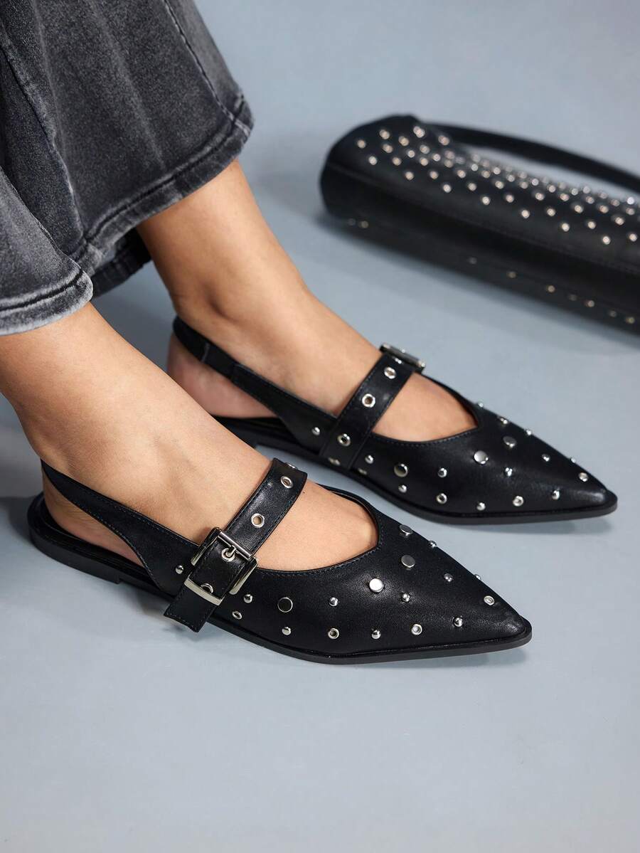 CUCCOO GRLICON Zapatos planos de moda casual diaria para mujer con diseño de hebilla - Negro - Ver 1