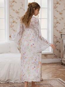 Camisón elegante con estampado floral, manga larga y aplicaciones de encaje, Vestido largo con estampado floral romántico francés de manga larga, Vestido largo de manga larga con estampado floral encantador para otoño/invierno, Camisón romántico y encantador para damas - Multicolor - Ver 2