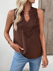 EMERY ROSE 女士时尚蕾丝拼接V领吊带背心 - 咖啡棕 - 查看 5