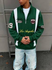 Manfinity Hypemode Retro American Half-Zip Los Angeles Letter Print Badge Contrast Color Loose Casual Men Pullover Sweatshirt Quarter Zip Men  Men Polo Shirt  Men Stuff  Men Gifts  Father Gifts  Men Clothes Mens Quarter Zip