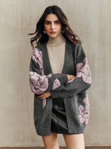 Anewsta Vintage Elegant Loose Fit Jacquard Floral Cardigan, Mid-Length, Wool, Autumn/Winter - Light Grey - View 6